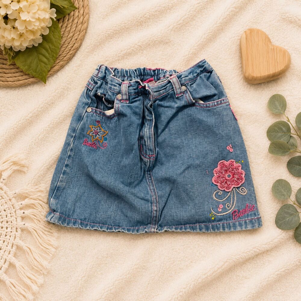 Y2K Barbie Denim Mini Skirt Girls Size 4/5 Blue Jean Embroidered Flower Pink
